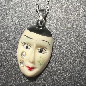Vintage Celluloid Painted Face Necklace Woman Head Pendant Sterling Chain